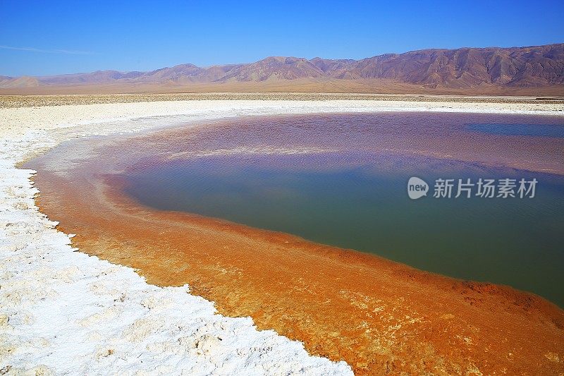 Baltinache的Lagunas escondidas - Baltinache和Atacama salar flats - Turquoise salt lakes mirrored reflection and田诗化的阿塔卡马沙漠，火山景观全景- San Pedro de Atacama，智利，Bolívia和阿根廷边境